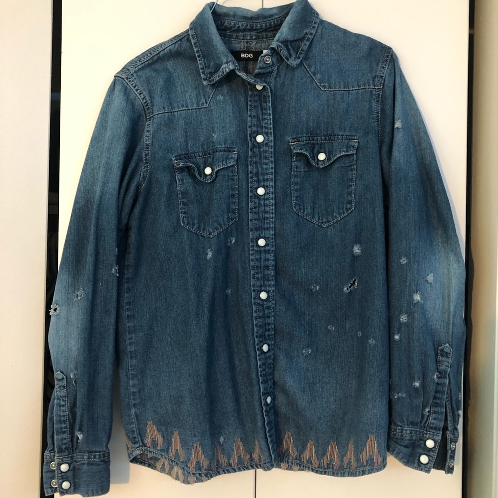 Button up, distressed denim shirt